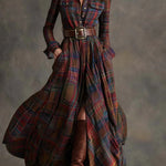 Plaid long-sleeve maxi dress with belted waist and front slit
