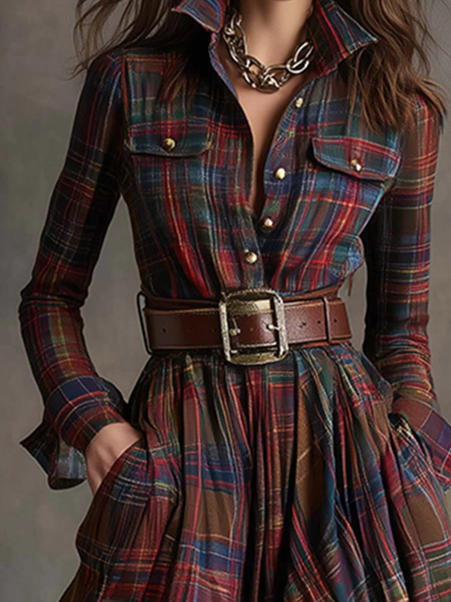 Plaid long-sleeve shirt dress with button front, chest pockets, and belt
