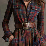 Plaid long-sleeve shirt dress with button front, chest pockets, and belt