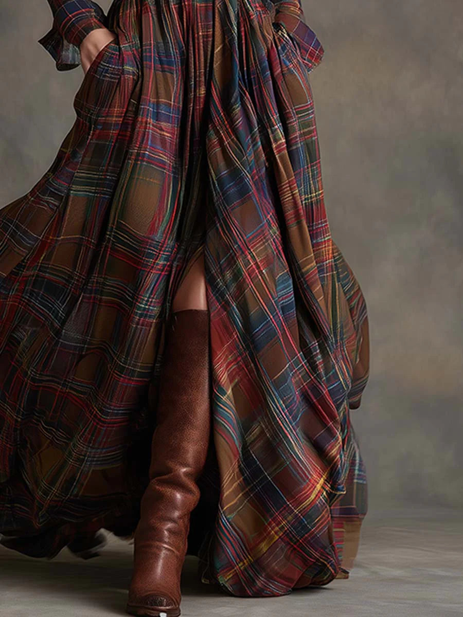 Graça long plaid dress with drawstring waist and side slit