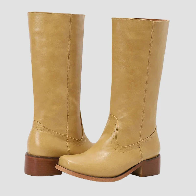 Light tan tall pull-on equestrian boots with block heel and side pull tab