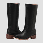 Black tall pull-on equestrian boots with block heel and side goring details