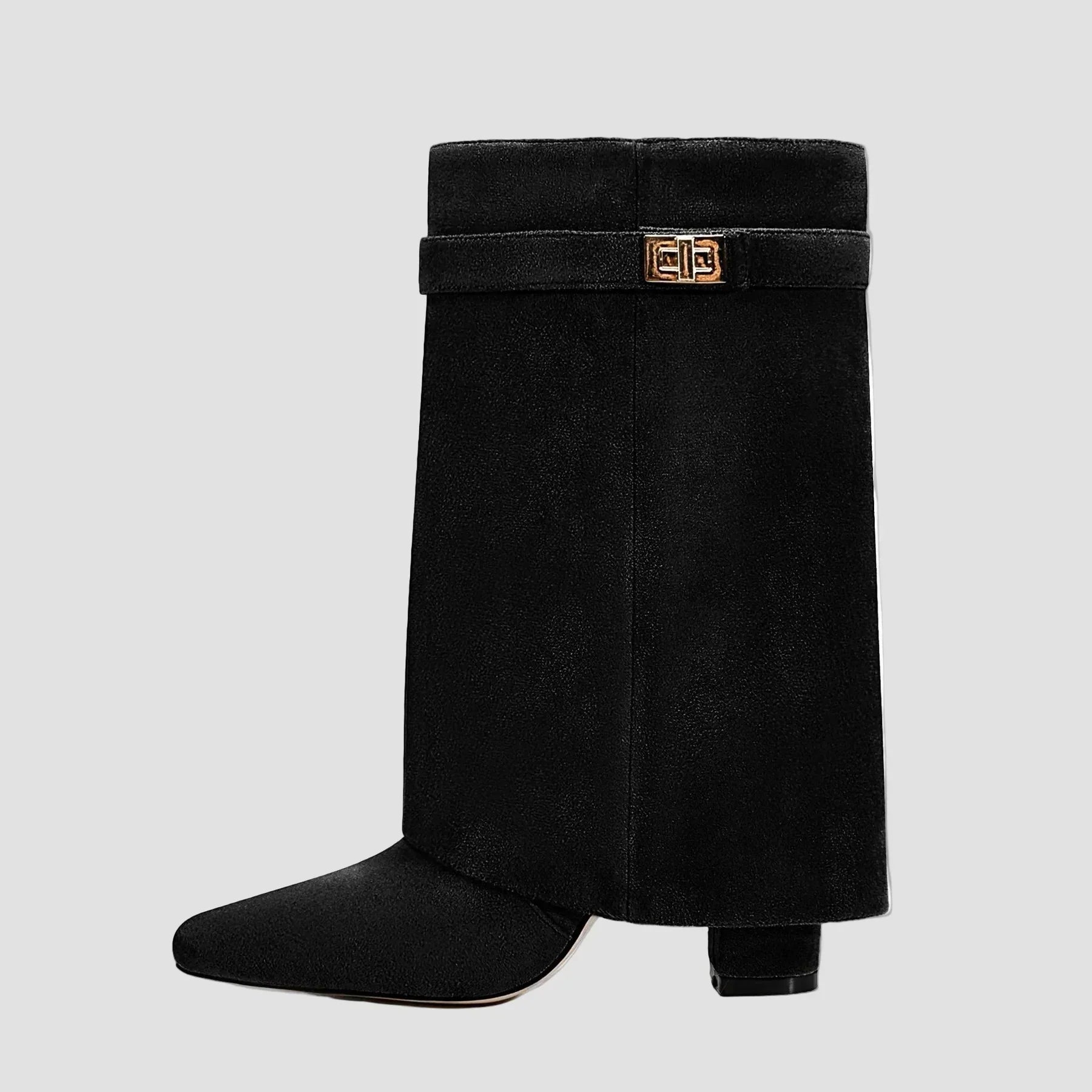 Black tall boots with wide cuff, block heel, and front buckle detail