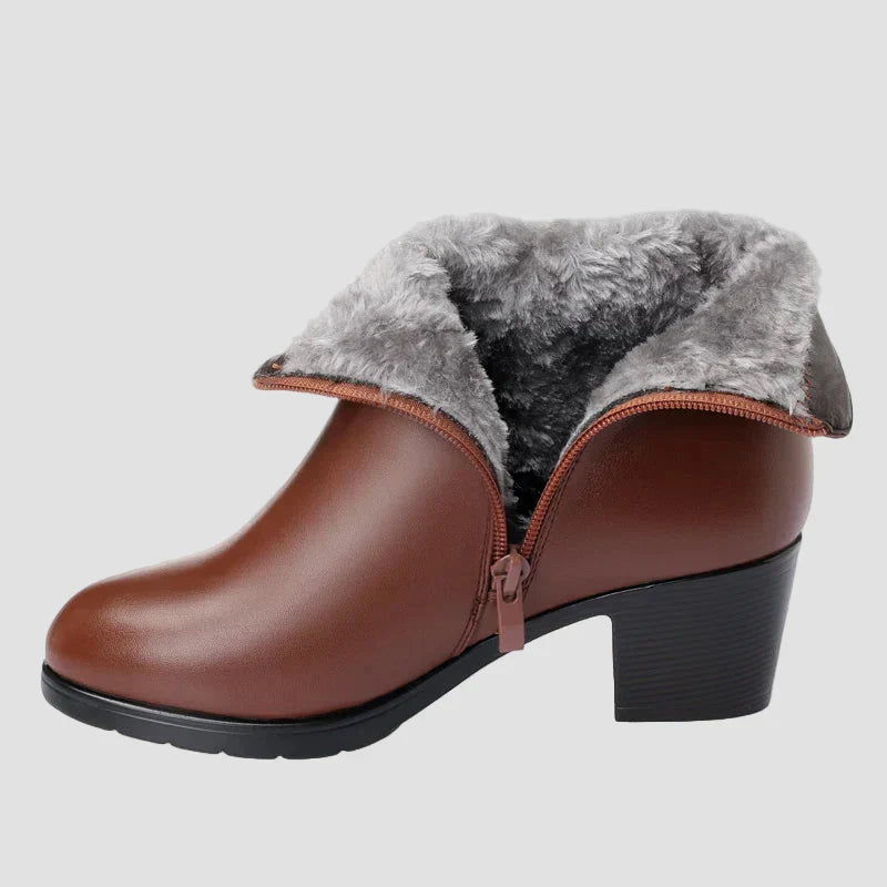 Brown ankle boots with faux fur collar, side zipper, and block heel
