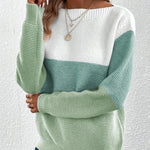 Mint and white two-tone knit sweater, crew neck, long sleeves, ribbed cuffs