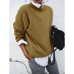 Khaki crewneck pullover sweater with long sleeves, relaxed fit