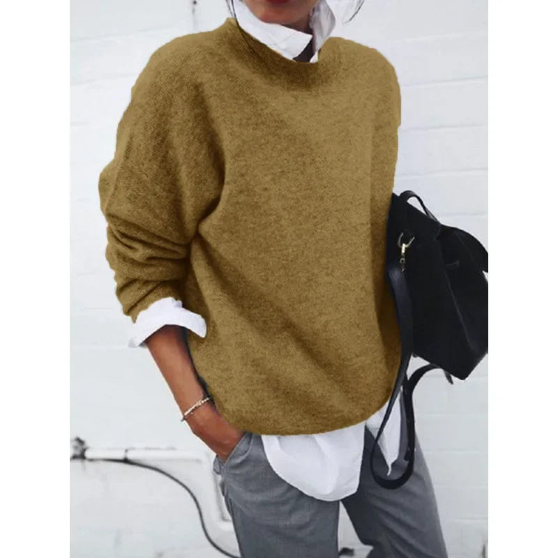 Khaki crewneck pullover sweater with long sleeves, relaxed fit