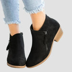 Black orthopedic leather winter ankle boots with side zipper and block heel