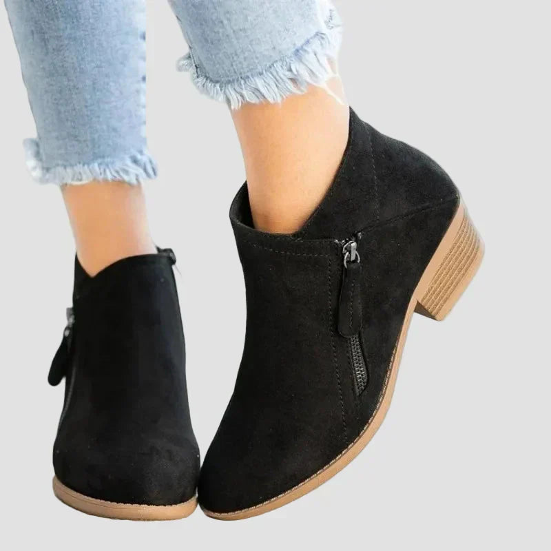 Black orthopedic leather winter ankle boots with side zipper and block heel