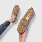 Khaki warm slip-on slippers with fuzzy lining and moccasin-style stitching