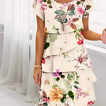 Cream floral print short-sleeve dress with V-neck and layered ruffle hem