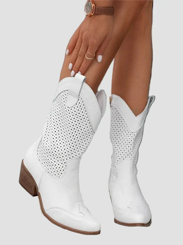 White cowboy ankle boots with perforated upper and block heel