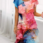 Caroline floral puff-sleeve dress with tiered ruffles and rounded neckline, pink and blue