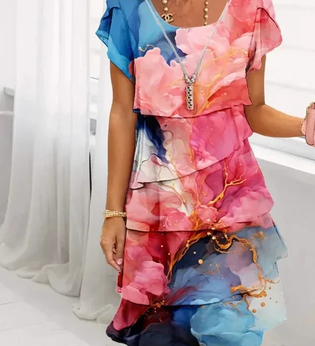 Caroline floral puff-sleeve dress with tiered ruffles and rounded neckline, pink and blue