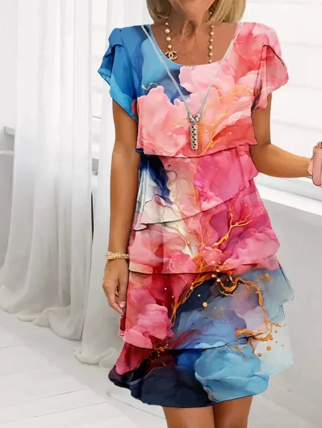 Caroline floral puff-sleeve dress with tiered ruffles and rounded neckline, pink and blue