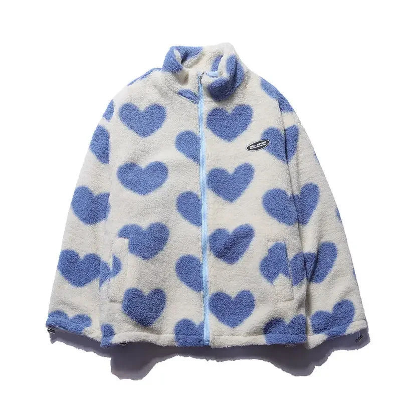 Reversible winter jacket with cream-blue heart fleece, full front view