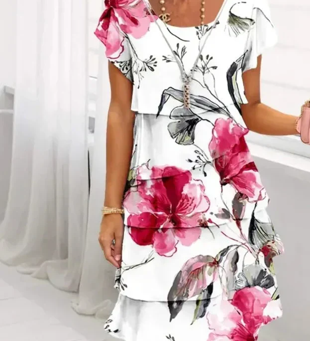 Floral tiered mini dress with layered ruffle hem and short puff sleeves, white with pink blooms