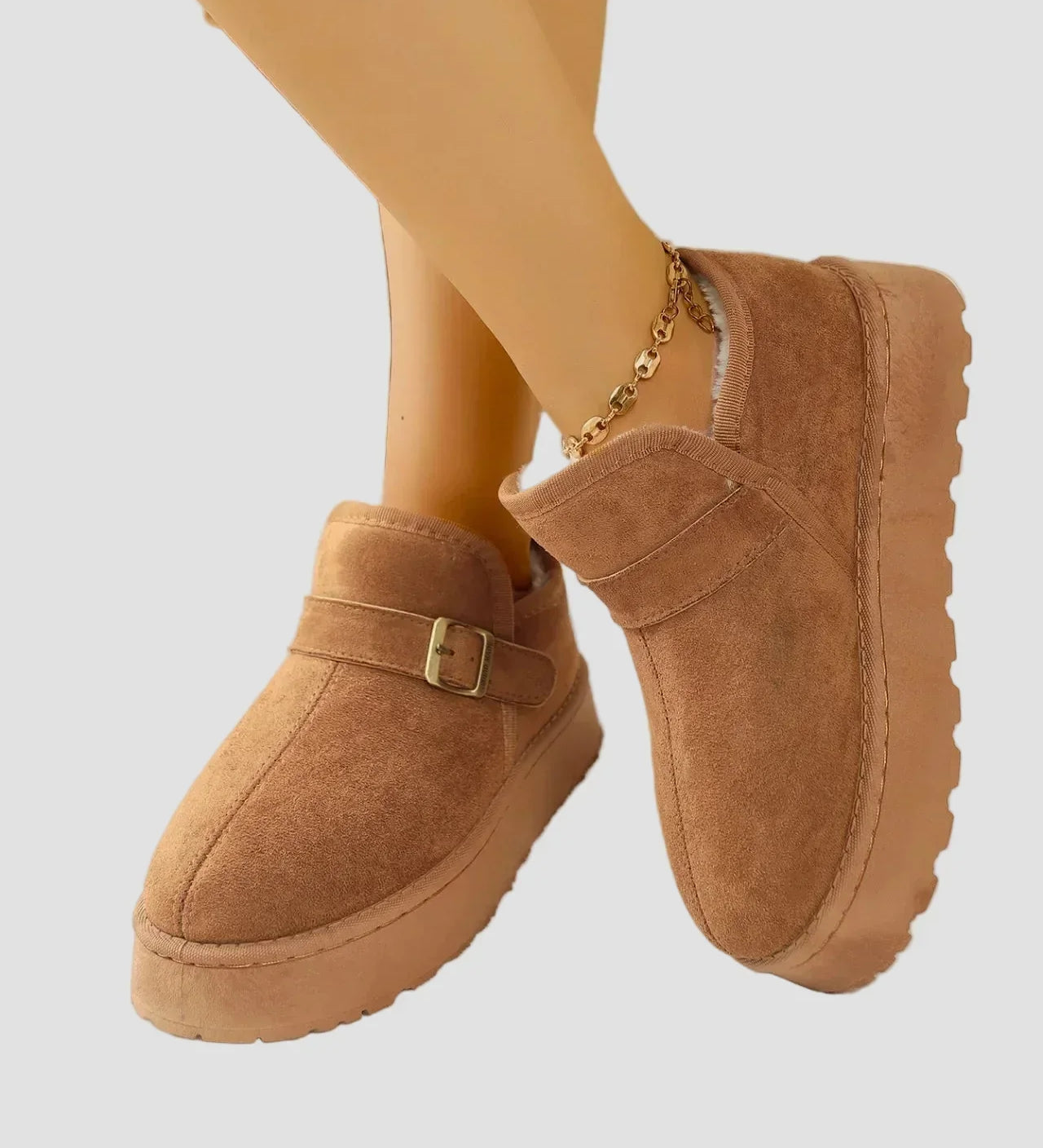 Nicoleta suede-look warm ankle boots with faux fur lining, side buckle strap, brown