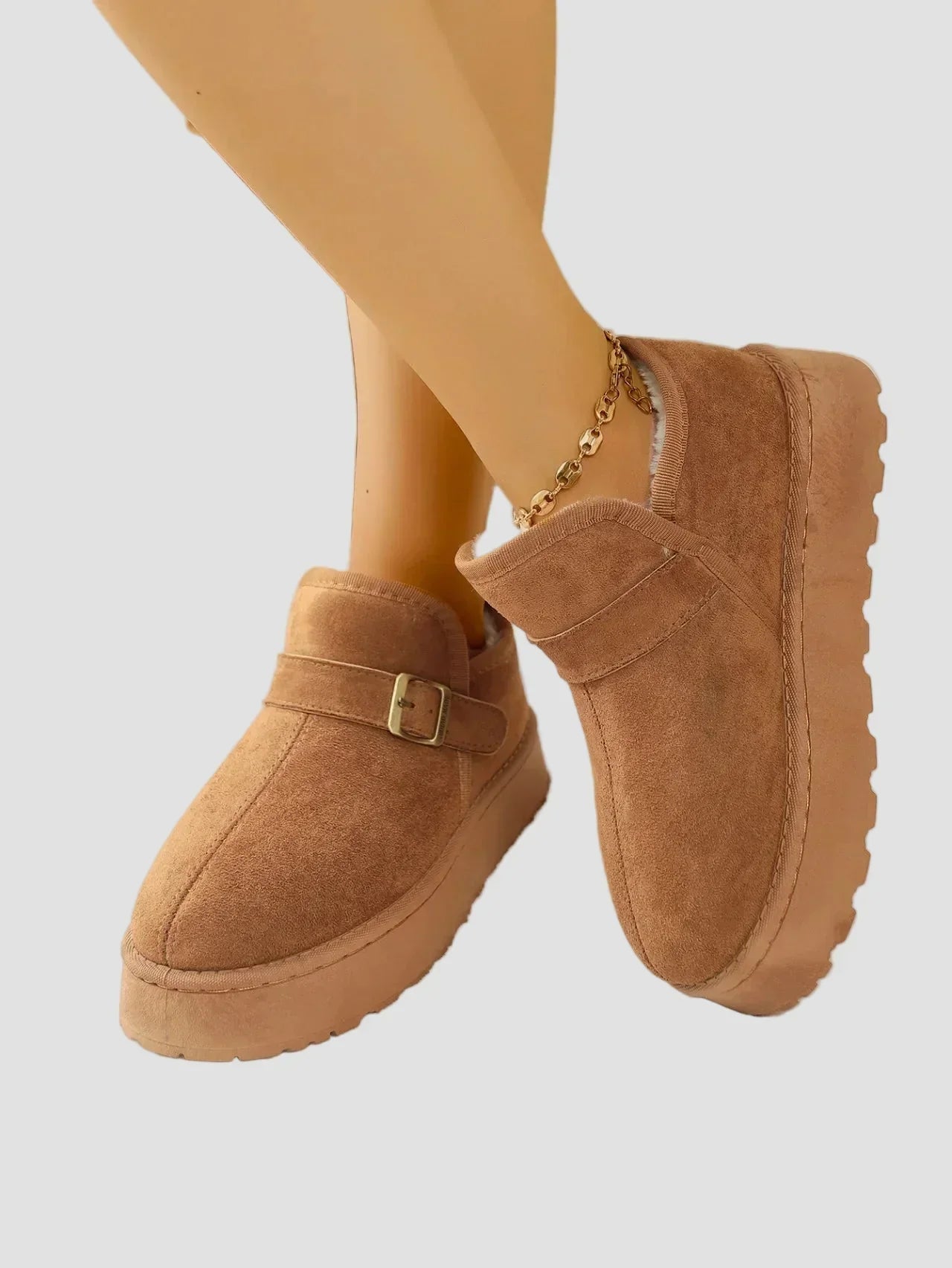 Nicoleta suede-look warm ankle boots with faux fur lining, side buckle strap, brown