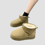 Khaki suede comfort ankle boots with thick plush lining and slip-on design