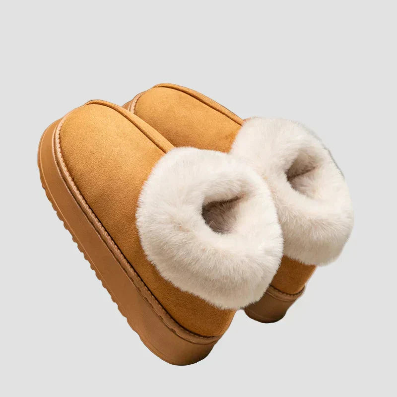 Georgia home slippers in tan suede with white faux-fur strap and cushioned sole