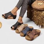 Set of platform orthopedic wedge sandals in black, navy, and brown with studded straps