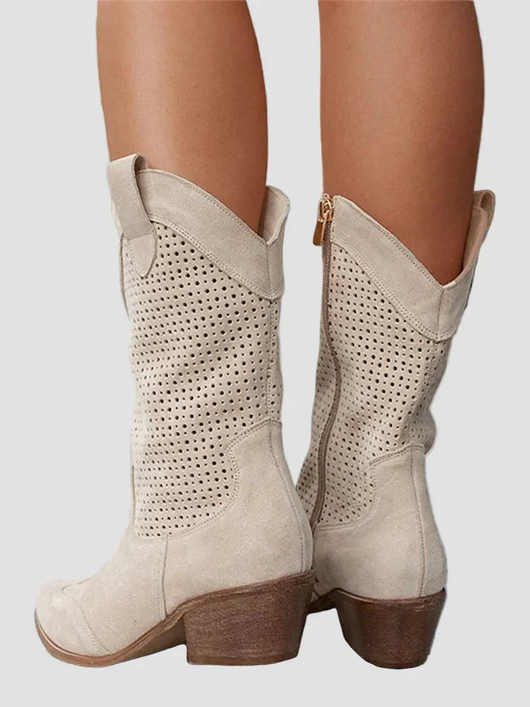 Light beige cowboy ankle boots with perforated upper and block heel