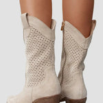 Light beige cowboy ankle boots with perforated upper and block heel