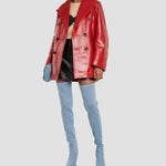 Knee-high heeled boots with leather-look finish, black, styled with light blue jeans