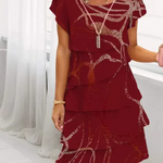 Dark red patterned ruffle dress, scoop neckline, cap sleeves, layered skirt