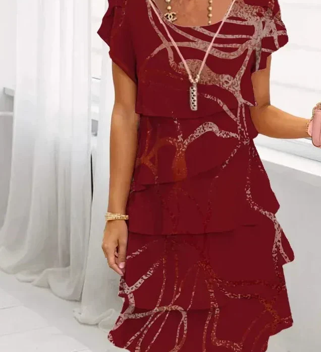 Dark red patterned ruffle dress, scoop neckline, cap sleeves, layered skirt