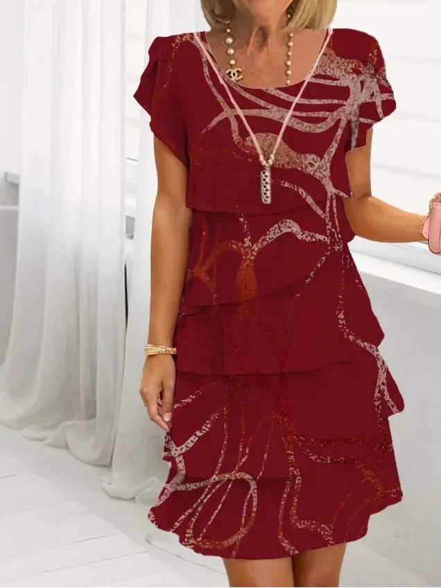 Dark red patterned ruffle dress, scoop neckline, cap sleeves, layered skirt