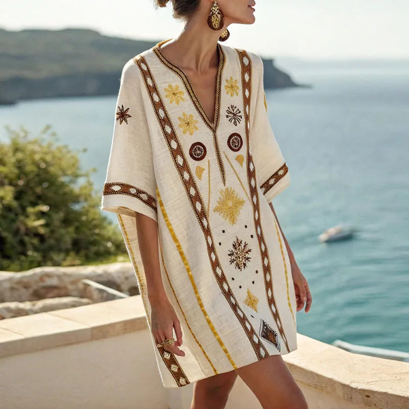 Irene beach tunic, cream V-neck with brown and yellow embroidered motifs