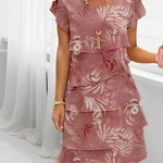 Mauve pink tiered ruffle dress with cap sleeves, V-neck, floral print