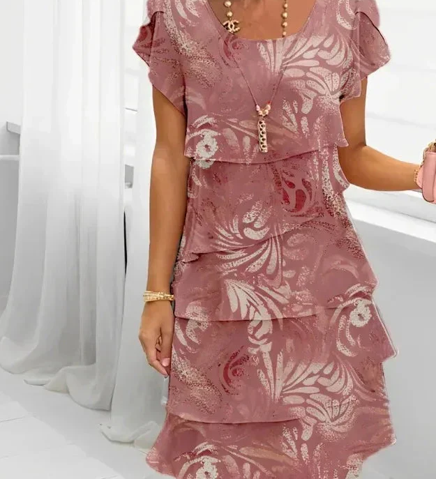 Mauve pink tiered ruffle dress with cap sleeves, V-neck, floral print