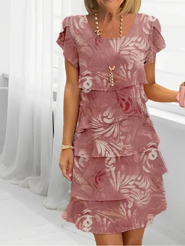 Mauve pink tiered ruffle dress with cap sleeves, V-neck, floral print