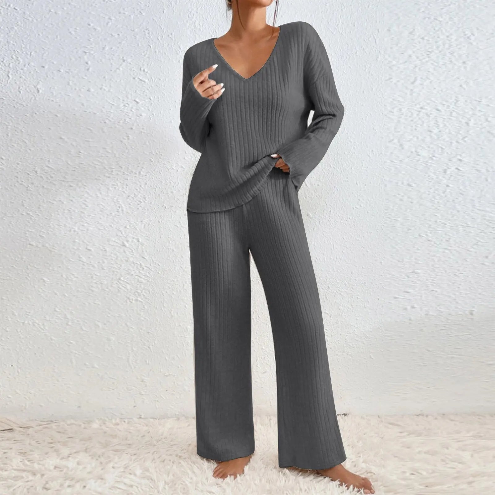 Vivienne two-piece knit set with V-neck long-sleeve top and wide-leg straight pants, dark gray