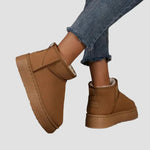 Brown suede comfort ankle boots with plush lining, low platform, slip-on
