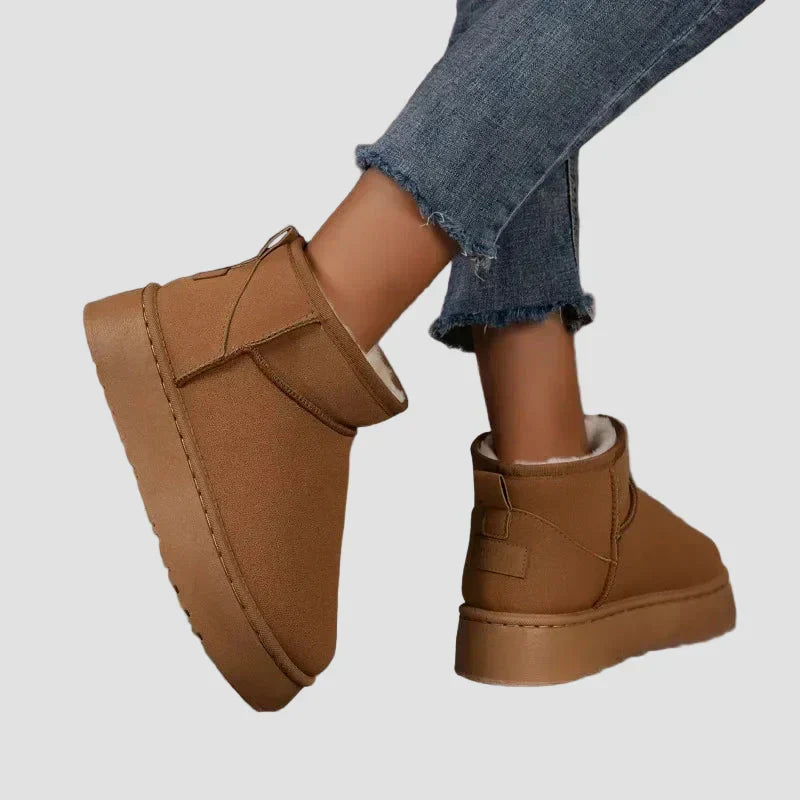 Brown suede comfort ankle boots with plush lining, low platform, slip-on