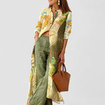 Women's linen and satin set: printed shirt with olive straight pants