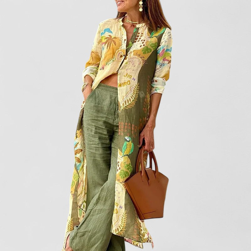 Women's linen and satin set: printed shirt with olive straight pants