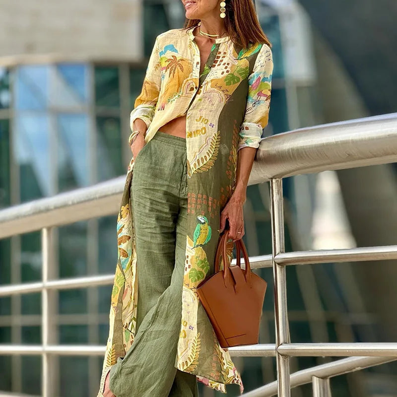 Women's linen and satin set, side view: printed shirt over olive pants
