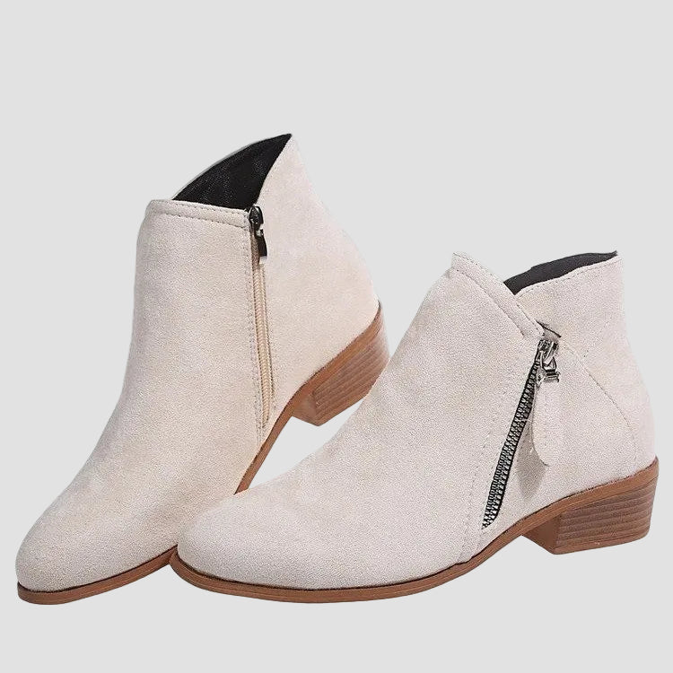 Off-white orthopedic leather winter ankle boots with side zipper and block heel
