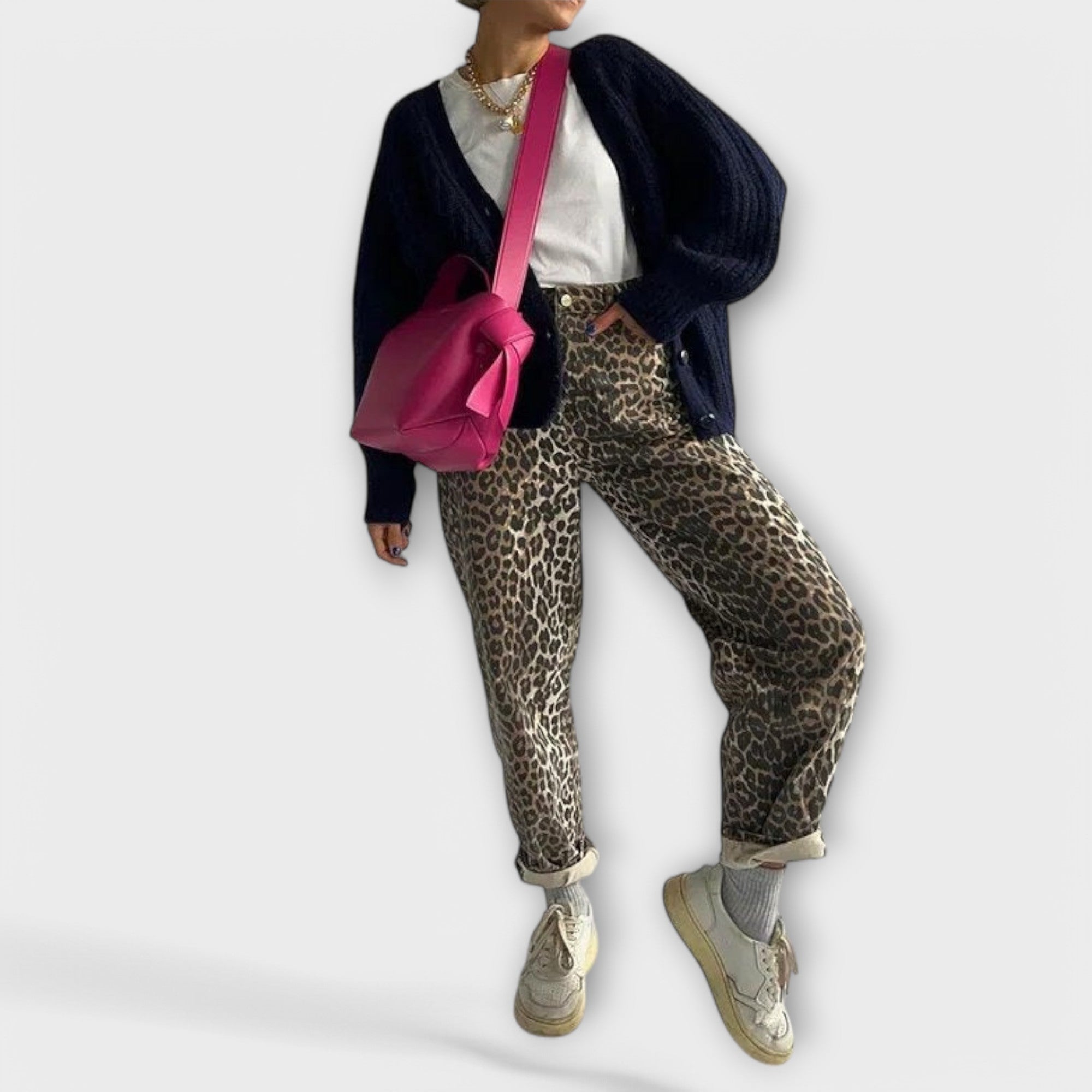 Leopard print vintage jeans with cuffed hems and relaxed tapered fit