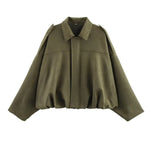 Olive short jacket with pointed collar, center zip, gathered hem and long sleeves