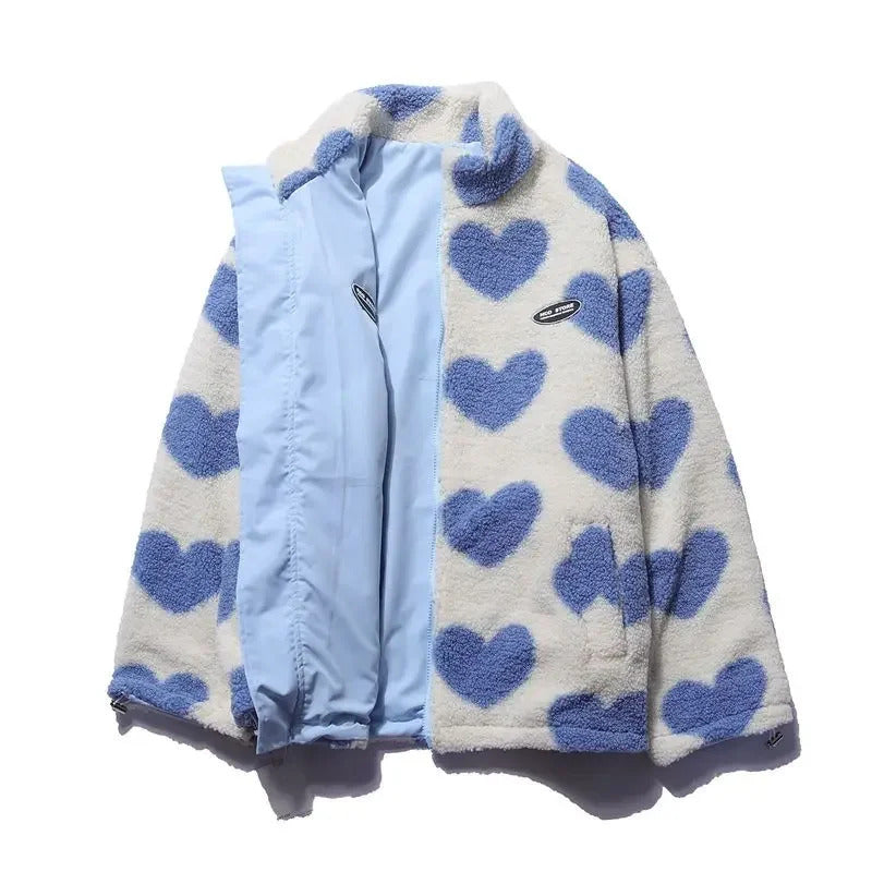 Reversible winter jacket, light blue side with cream-blue heart fleece front