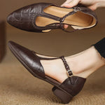 Brown leather pointed-toe flats with braided strap and gold buckle