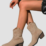 Beige western embroidered ankle boots with pull tabs and low stacked heel