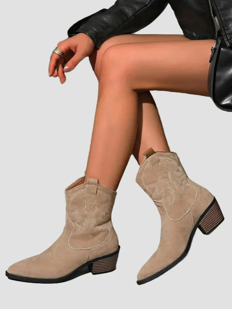 Beige western embroidered ankle boots with pull tabs and low stacked heel