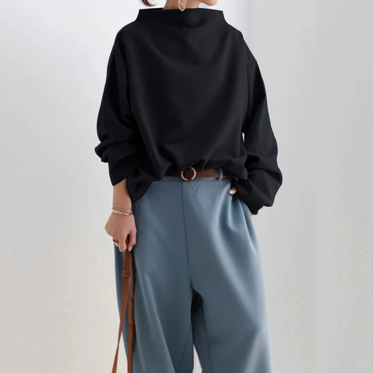 Black high-neck pullover sweater with gathered long sleeves and relaxed fit